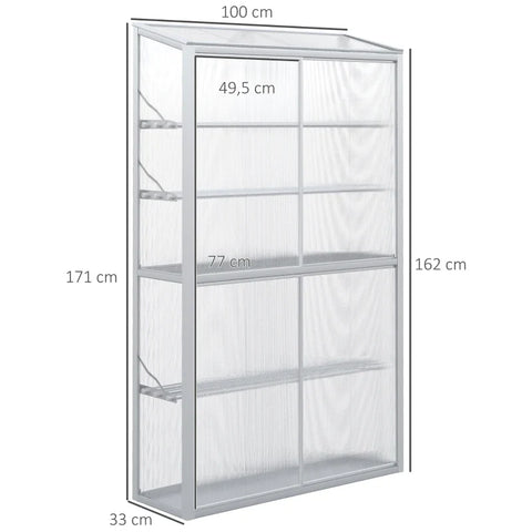 Rootz Greenhouse - Two Sliding Doors - Adjustable Shelves - Translucent - Aluminum Frame - Silver - 100 x 33 x 171 cm