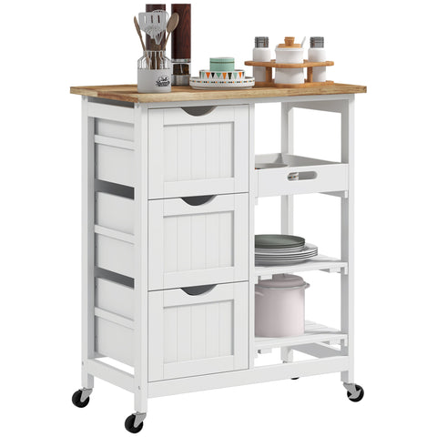 Rootz Kitchen Island Trolley - Rollable Cart - Mobile Kitchen Storage - Wooden Worktop - 67 x 37 x 85.5 cm - Durable Rubberwood