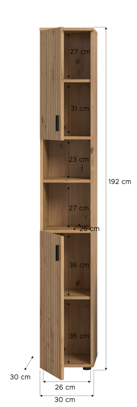 Rootz Bathroom Cabinet - Tall Storage Unit - Oak Imitation Organizer - Easy-Care & Adjustable - 30x192x30 cm