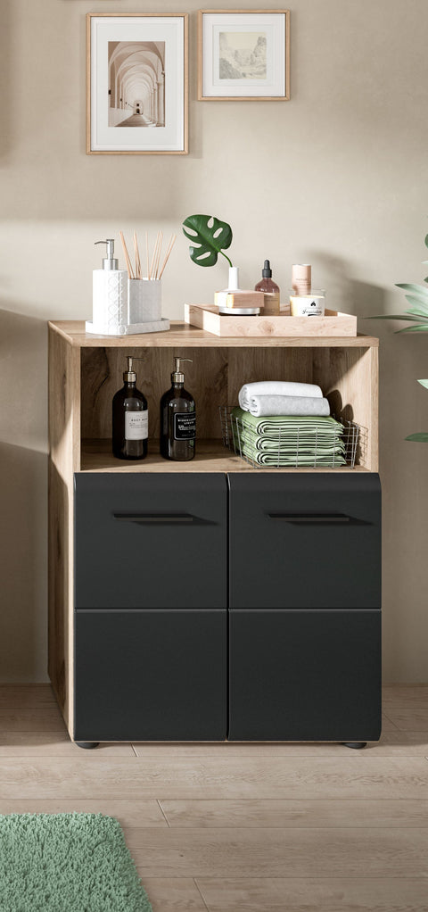 Rootz Wide Standing Cabinet - Storage Cupboard - Black and Brown - Scandinavian Style - 60x80x30cm