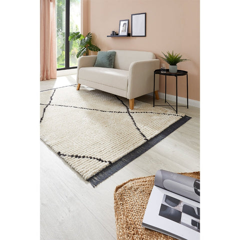 Rootz Geometric Motif Rug - Soft Color Carpet - Fringe Detail Mat - Luxurious Softness - 120cm x 180cm