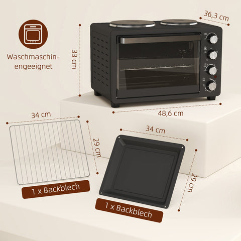 Rootz 28L Compact Toaster Oven - Mini Oven - Electric Oven - 2600W Power - 48.6 x 36.3 x 33cm - Black - Adjustable Temperature & Timer