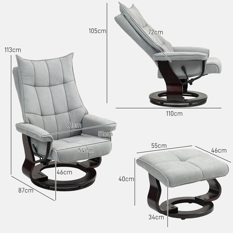 Rootz Recliner with Stool - Swivel Chair - Rocker Function - Velvet Comfort - 81x87x113cm / 81x110x105cm - Up to 150 kg - Grey
