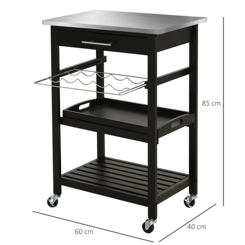 Rootz Kitchen Trolley - Serving Cart - Mobile Kitchen Table - Stainless Steel Work Surface - 60W x 40D x 85H cm - Efficient Storage
