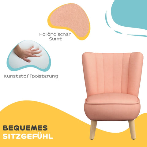 Rootz Kids Armchair - Pink Velvet - Wood Frame - Easy Clean - Portable - 44cm x 45cm x 56.5cm - Ideal for Ages 3-7 - Assembly Required