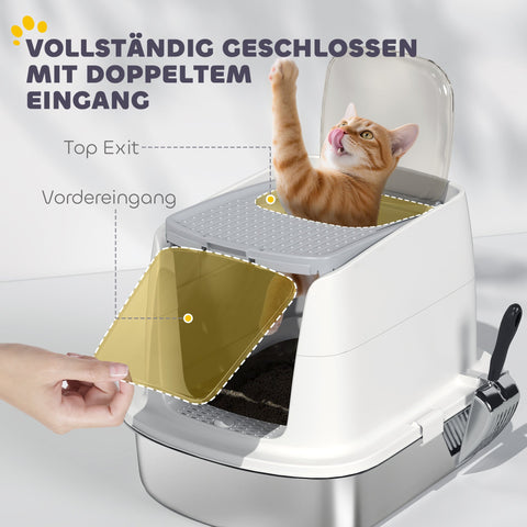 Rootz Stainless Steel Cat Toilet - Enclosed Litter Box - Odor-Free Pet House - Quick Cleaning - 52.4cm x 41.3cm x 39.8cm