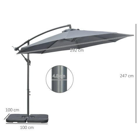 Rootz Garden Parasol - Cross Base - Weather Resistant - Sun Protection - Elegant Design - Six Ribs - Cantilever Parasol - Metal-polyester - Gray - 292 cm x 292 cm x 247