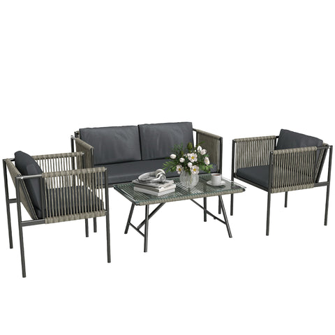 Rootz 4-Part Garden Furniture Set - Outdoor Lounge - Patio Sofa Set - Steel & Rattan - Ideal Comfort - Armchair 65x68cm, Sofa 116x65cm, Table 90x50cm