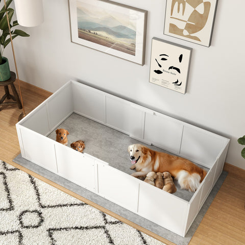 Rootz Dog Litter Box - Whelping Box - Puppy Run - Adjustable Entrances - Pine & MDF - 196 x 96 x 48 cm - White