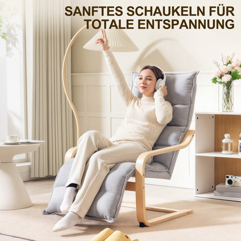 Rootz Lounge Armchair - Upholstered Armchair - Modern Seating - Adjustable Footrest - Birch Wood Frame - Grey - 67cm x 93-114cm x 105cm