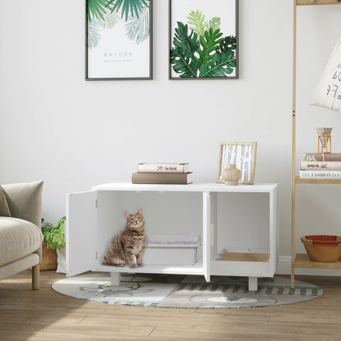 Rootz Litter Box Furniture - Cat Side Table - Scratching Post - Elegant Design - 91L x 52W x 50.5H cm MDF White