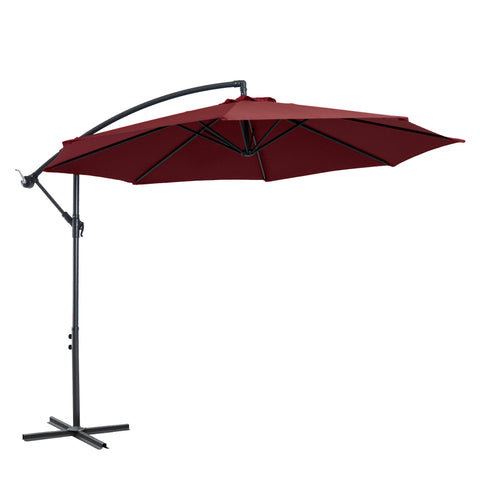 Rootz Offset Parasol - Tiltable Umbrella - Patio Canopy - UV Protection - Ø 2.95 x 2.45H m - Wine Red - Steel Frame - Easy Crank System