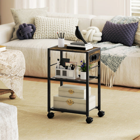 Rootz Printer Rack - Printing Shelf - Mobile Stand - Dual EU Sockets - 42cm x 28.5cm - Holds Up to 40kg - Rustic Brown and Black