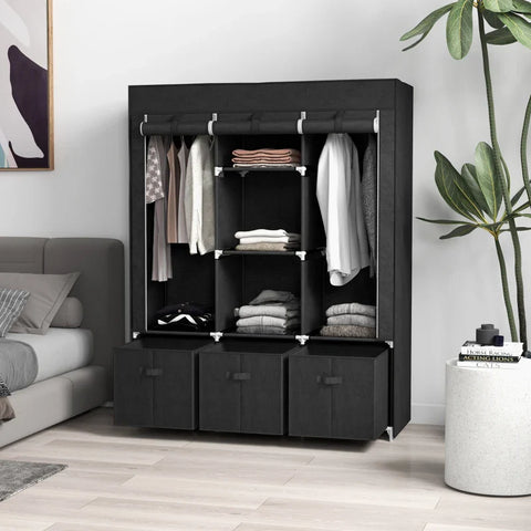 Rootz Fabric Cabinet - Made Of Fleece - Folding Cabinet - Fabric Wardrobe - Including 3 Drawers - Black - 125 cm x 43 cm x 162.5 cm