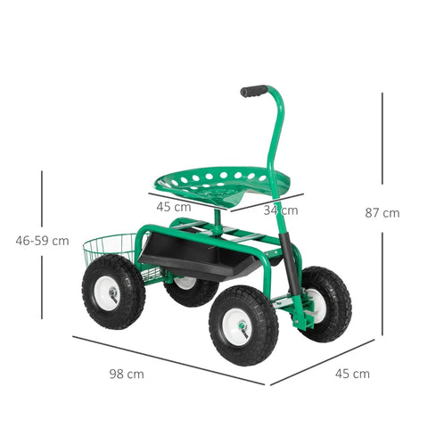 Rootz Garden Trolley With Rolling Seat - Shelf Basket - Small Garden Tools - Workshop Trolley - Mobile Garden - Height Adjustable - Metal - Rubber - Green - 98cm x 45cm x 87cm