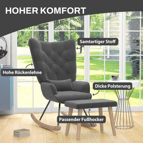 Rootz Lounge Chair and Stool Set - Modern Armchair - Upholstered Recliner - Velvet Padding - Rubber Wood Legs - Dark Gray - 66cm x 96cm x 101cm