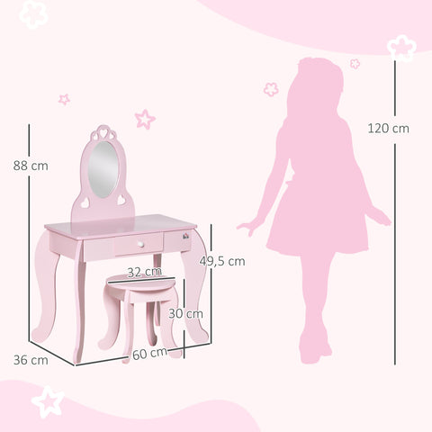 Rootz Children's Dressing Table Set - Makeup Vanity - Kid's Beauty Table - Heart Design - MDF, Pink - 60L x 36W x 88H cm