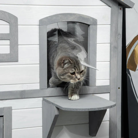 Rootz Cat House - 2 Tier - Weather Resistant - Weatherproof - Sliding Window - Solid Wooden Frame - White + Gray - 123L x 63W x 112H cm