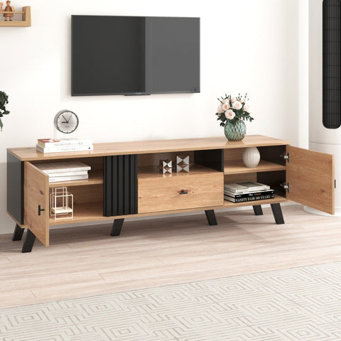 Rootz TV Cabinet - Media Console - Entertainment Unit - Ample Storage - 170cm x 40cm x 50cm - Wood & Black Design