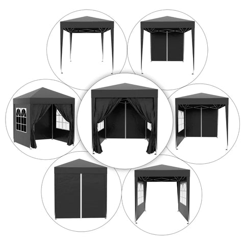 Rootz Folding Gazebo - Beer Tent - 4 Removable Side Walls - 2 Windows - Metal Frame - Black  - 2 x 2m