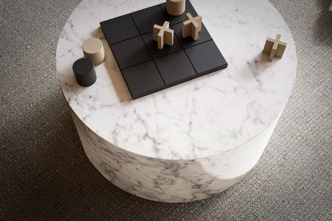 Rootz Elegant Coffee Table - Round Table - Marble Look - White - Remote Control Storage - Versatile Design - Scratch Protection - 60cm x 60cm x 30cm