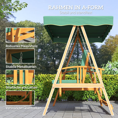 Rootz Hollywood Swing with Sunroof - Real Wood Garden Swing - 3-Seater Lounger - Durable Comfort - 236cm x 130cm x 181cm - Green