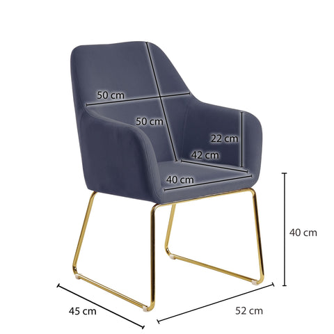 Rootz Dining Chair - Blue-Gray Velvet & Gold Metal - Kitchen Chair - Upholstered Chair - Comfort Padding, Secure Stand, Scratch-Resistant - 52cm x 45cm x 90cm