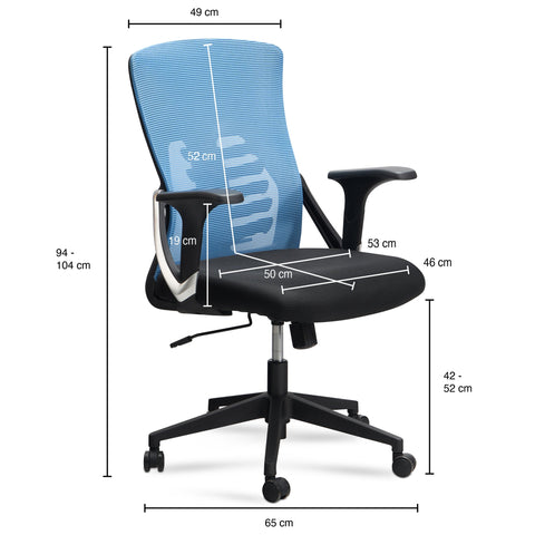 Rootz Moderne Draaistoel - Bureaustoel - Ergonomische stoel - Blauw en Zwart - Schommelmechanisme - Verstelbare hoogte - Lendensteun - 94-104cm x 65cm x 65cm