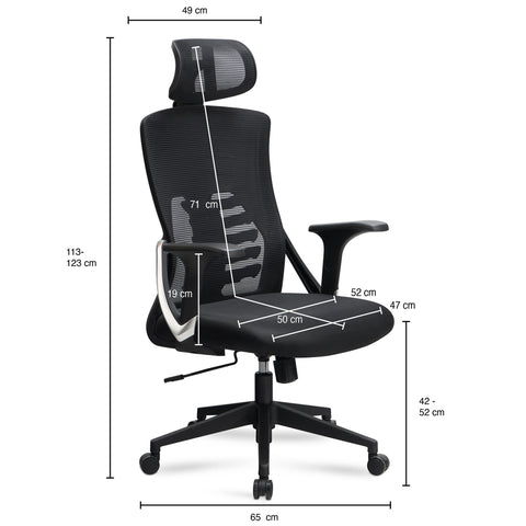 Rootz Modern Swivel Chair - Office Chair - Ergonomic Chair - Mesh Cover - 113cm x 65cm x 65cm - Black - Silver Decorations - Rocking Mechanism - Adjustable Seat Height - Lumbar Support