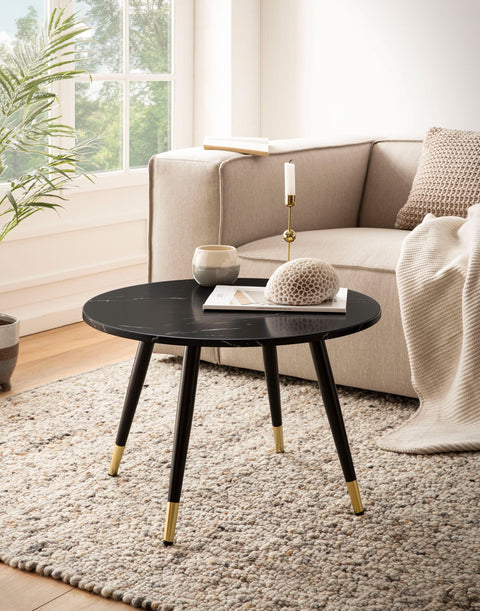 Rootz Modern Round Coffee Table - Living Room Table - Stylish Marble Look - Robust Metal Legs - 60cm x 60cm x 41cm