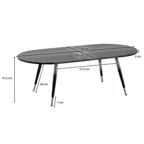 Rootz Oval Coffee Table - Modern Living Room Table - Marble Look Table - Secure Metal Legs - 120cm x 60cm x 41.5cm - Elegant Black & Gold Design