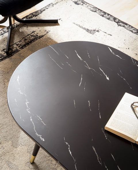 Rootz Oval Coffee Table - Modern Living Room Table - Marble Look Table - Secure Metal Legs - 120cm x 60cm x 41.5cm - Elegant Black & Gold Design