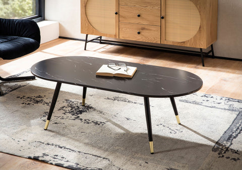 Rootz Oval Coffee Table - Modern Living Room Table - Marble Look Table - Secure Metal Legs - 120cm x 60cm x 41.5cm - Elegant Black & Gold Design