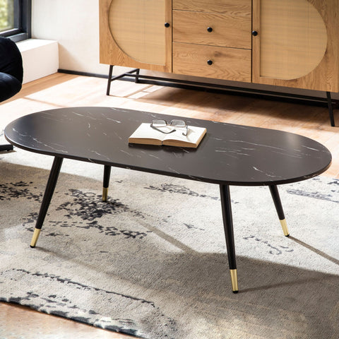 Rootz Oval Coffee Table - Modern Living Room Table - Marble Look Table - Secure Metal Legs - 120cm x 60cm x 41.5cm - Elegant Black & Gold Design