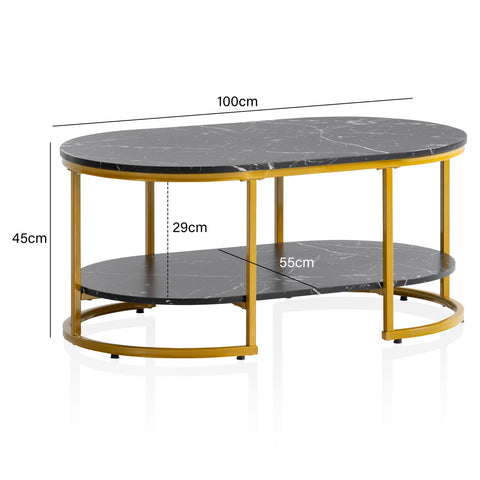 Modern Rectangular Sofa Table - Black & Gold - Marble Look - Rounded Corners - 100cm x 60cm x 45cm - Storage Area - Robust Metal Frame - Elegant Flair - Anti-Slip Nubs - 25kg Load Capacity