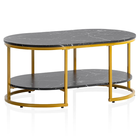Modern Rectangular Sofa Table - Black & Gold - Marble Look - Rounded Corners - 100cm x 60cm x 45cm - Storage Area - Robust Metal Frame - Elegant Flair - Anti-Slip Nubs - 25kg Load Capacity