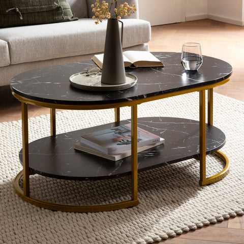 Modern Rectangular Sofa Table - Black & Gold - Marble Look - Rounded Corners - 100cm x 60cm x 45cm - Storage Area - Robust Metal Frame - Elegant Flair - Anti-Slip Nubs - 25kg Load Capacity