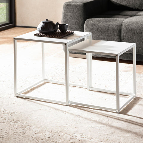 Rootz Industrial Style Side Tables - Square End Tables - Nesting Tables - Painted Steel - 40cm x 40cm x 45cm & 35cm x 35cm x 40cm - White