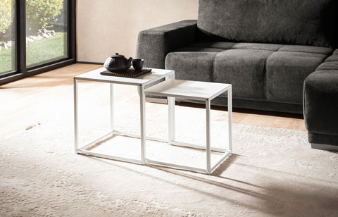 Rootz Industrial Style Side Tables - Square End Tables - Nesting Tables - Painted Steel - 40cm x 40cm x 45cm & 35cm x 35cm x 40cm - White