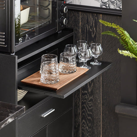 Rootz Rolling Kitchen Cabinet - Microwave Stand - Storage Cart - Versatile Use - Easy Mobility with Lockable Wheels - Ample Storage with Sliding Shelf, Drawer, and Doors - Durable MDF Construction - 59cm x 92cm x 40cm - Black