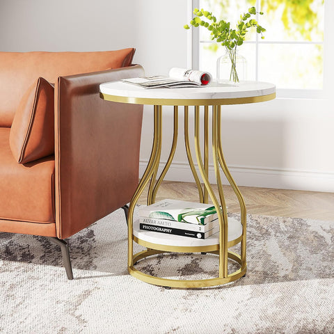 Rootz White Gold 2-Tier Round Side Table - End Table - Nightstand - Modern Design - 50 cm D x 50 cm W x 59 cm H