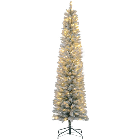 Rootz Snow-Covered Artificial Christmas Tree - Pre-Lit Xmas Tree - Warm White LED Lights - Slim Shape - Ø57cm x 210cm