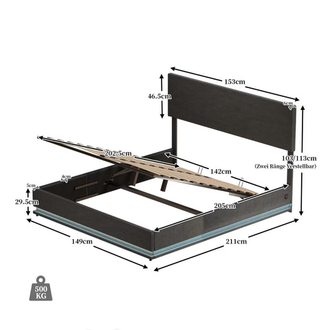 Rootz Double Bed Frame - Storage Bed - Velvet Bed - LED Lighting - USB Charging - 211cm x 153cm x 113cm
