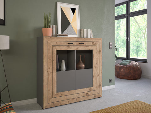 Rootz Highboard Freno - Wood Material - Gray Replica - Nox Oak Replica - 160 x 90 x 40 cm