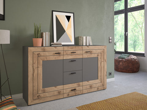 Rootz Freno Sideboard - Wood Material - Gray Replica - Nox Oak Replica - 160 x 90 x 40 cm - 2 Doors - 4 Drawers - 4 Shelves