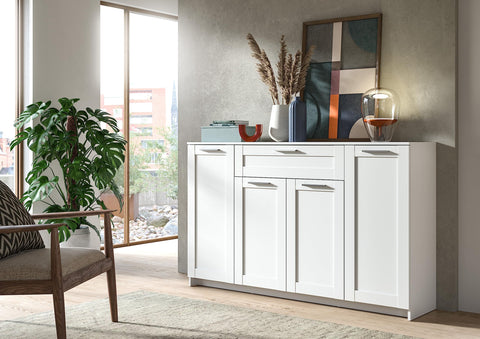 Rootz Ibiza Chest of Drawers - Sideboard - White Wood - 156cm x 95cm x 37cm - 4 Doors - 1 Drawer - 5 Shelves - FSC Certified - Timeless Design