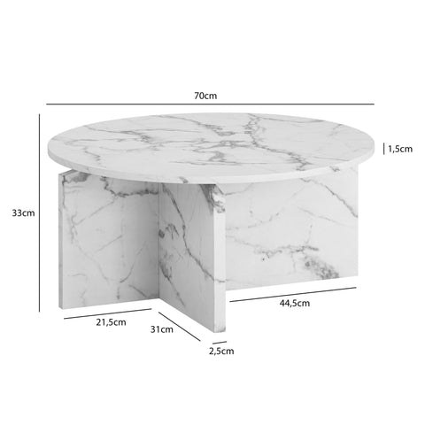Rootz Round Coffee Table - Modern Marble Look - Elegant Furniture - Anti-Slip Pads - 70cm x 70cm x 33cm
