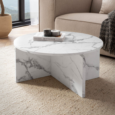 Rootz Round Coffee Table - Modern Marble Look - Elegant Furniture - Anti-Slip Pads - 70cm x 70cm x 33cm