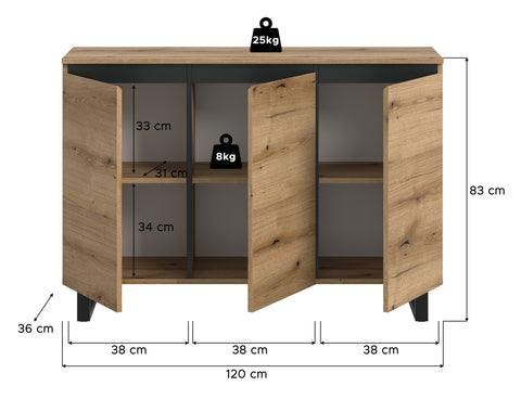 Rootz Sideboard - Brown Buffet - Black Accent Cabinet - Ample Storage - 120x84x36 cm