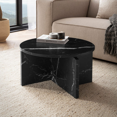 Rootz Modern Coffee Table - Round Black Look - Stylish Low Table - Anti-Slip Pads - 60cm x 60cm x 33cm